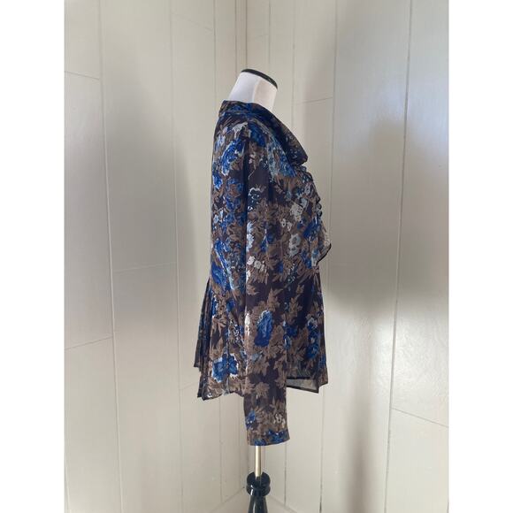 Coldwater Creek Brown & Blue Floral Chiffon Buttondown Blouse, Size L - Picture 2 of 4